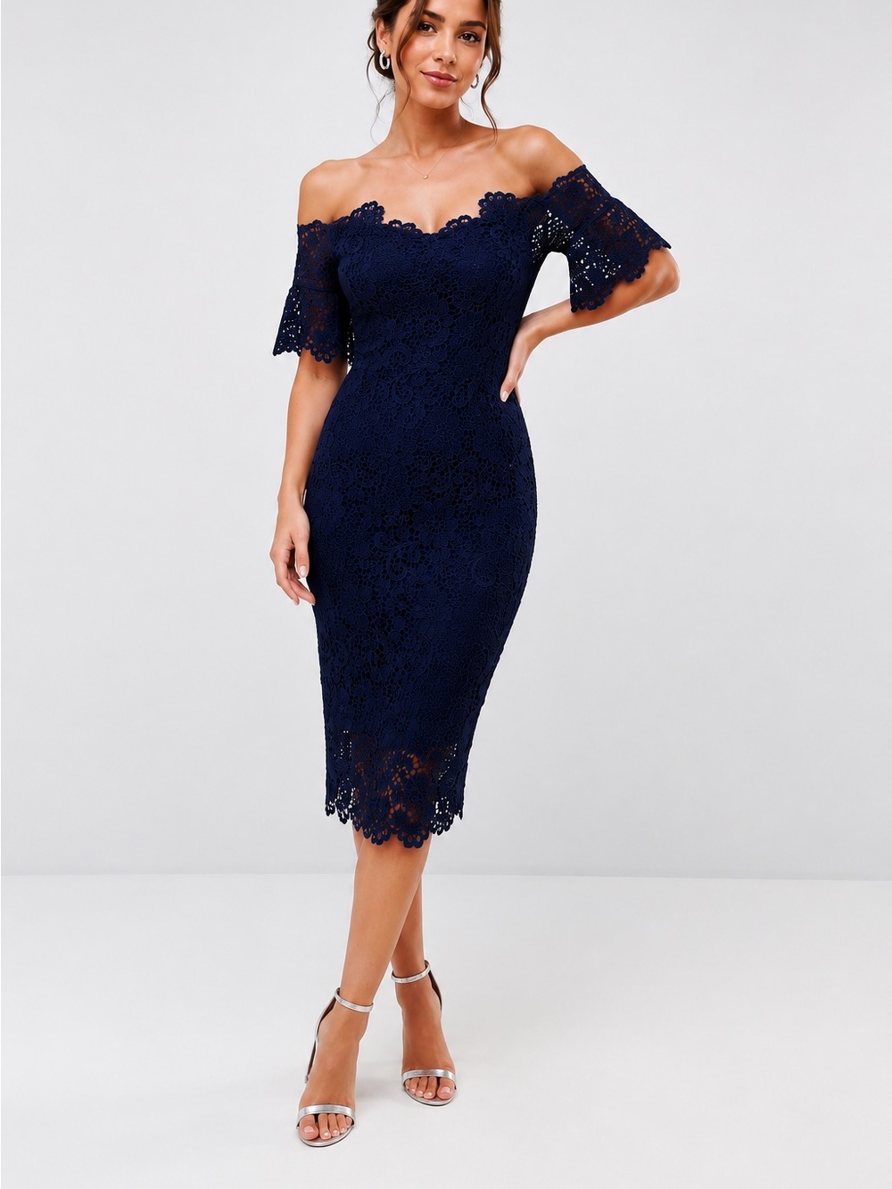 Off-Shoulder Navy Lace Sheath Dress